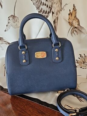 MICHAEL KORS Navy Saffiano Leather Satchel/Crossbody Bag with Gold Hardware
